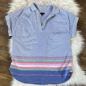 Talbots Womens Striped Top Size Petite M Blouse Short Sleeve V Neck Cotton